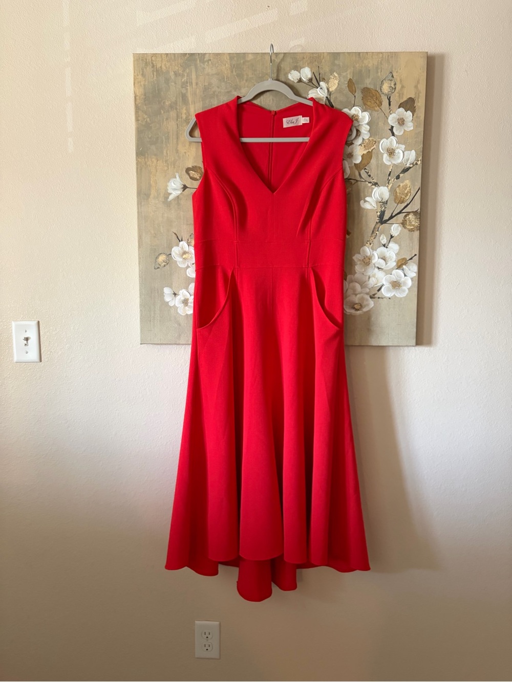 Eliza J Vibrant Red High-Low V-Neck Fit & Flare Dress